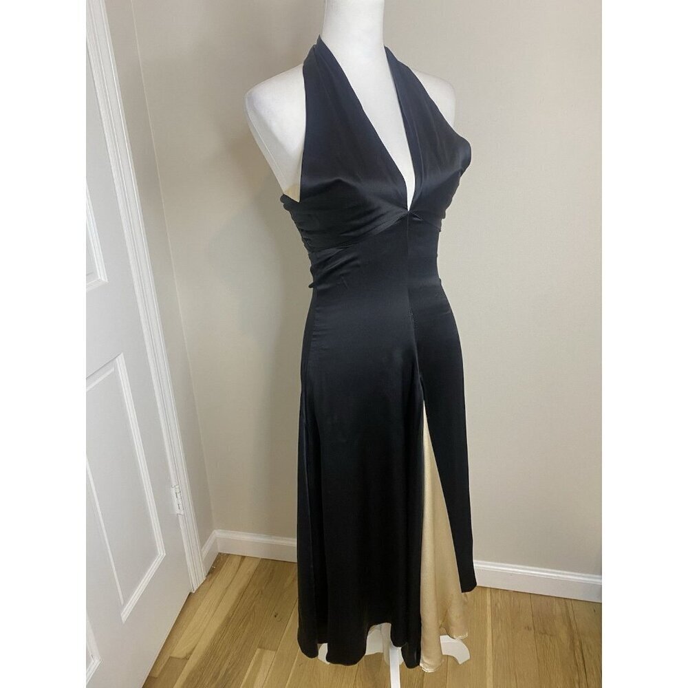 Vintage Mara Hoffman 100% Silk Late 90’s Y2K Era Black Tan Satin Halter Dress S - Picture 3 of 14